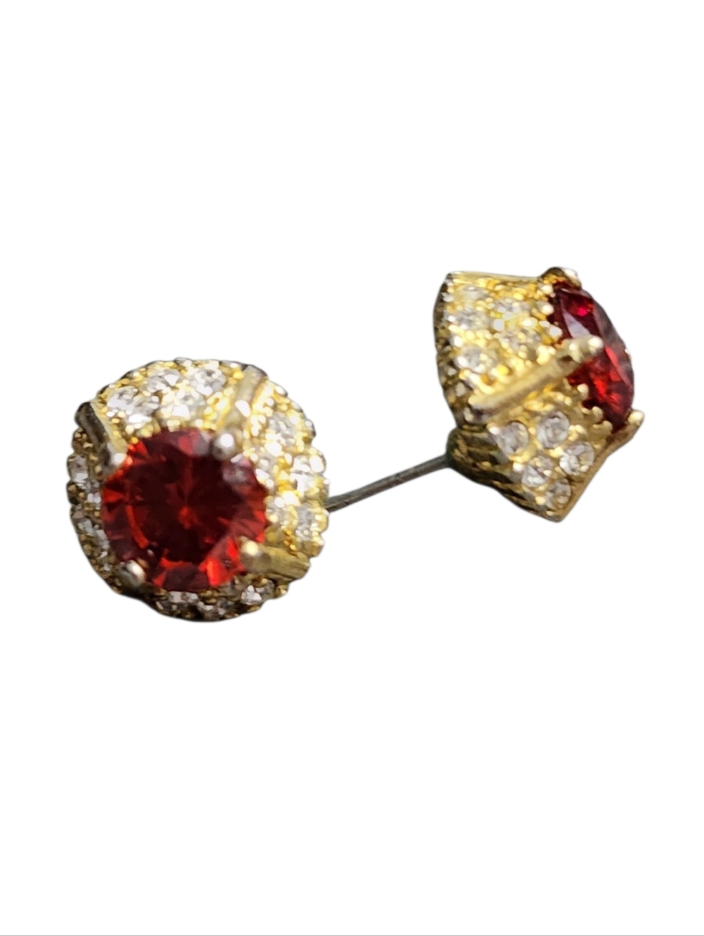 Goldtone Stud Earrings Red Crystal Halo - Picture 2 of 6